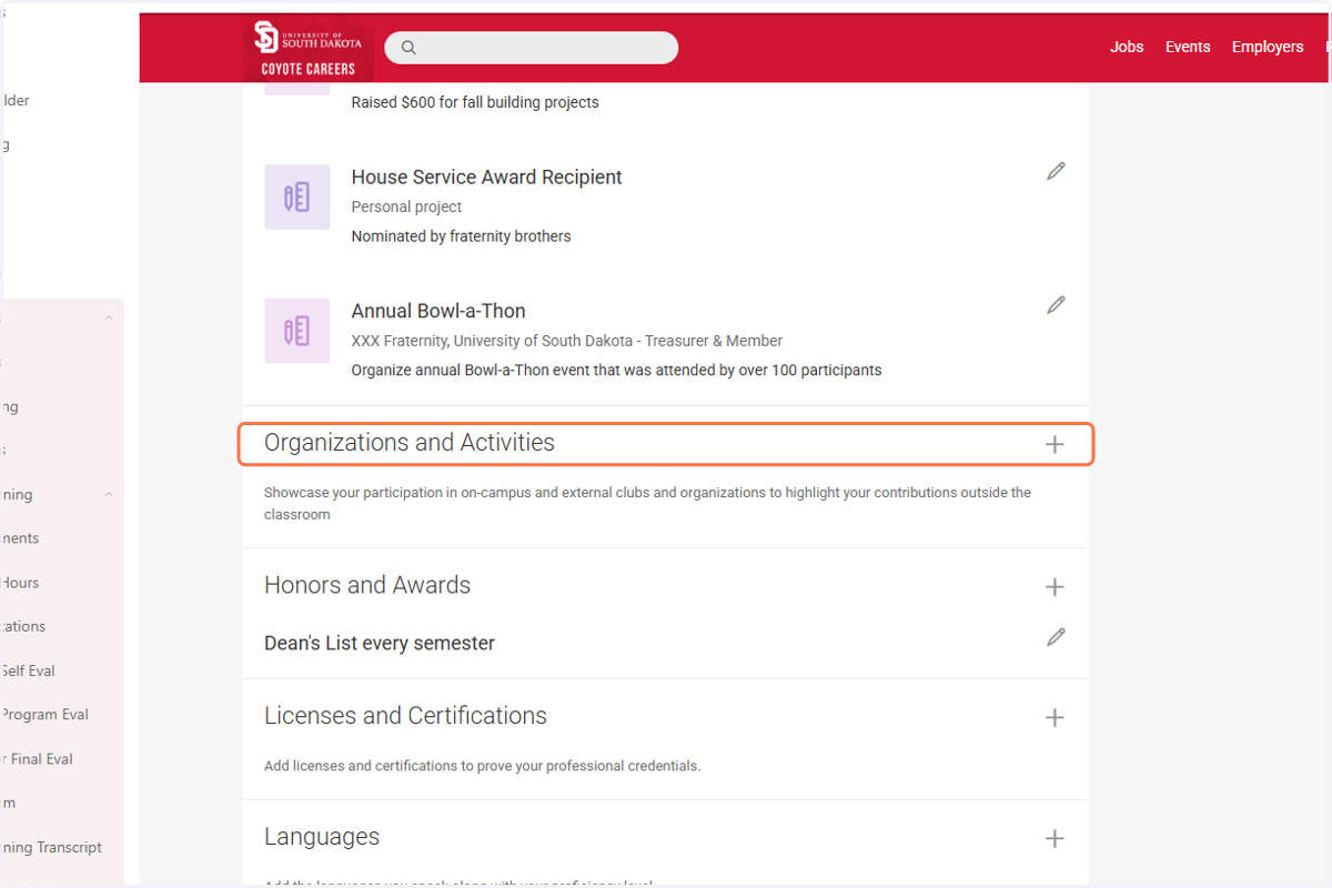 Click on Organizations and Activities to add/edit
