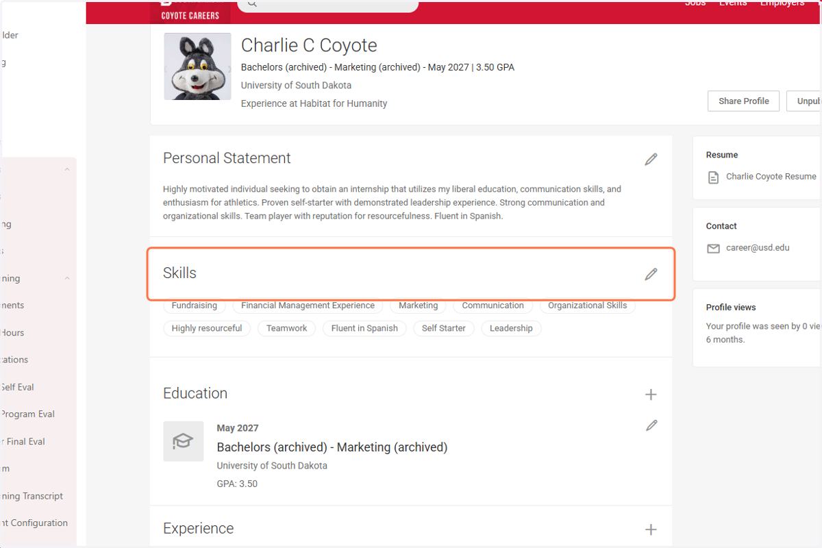 Click on Skills to add/edit