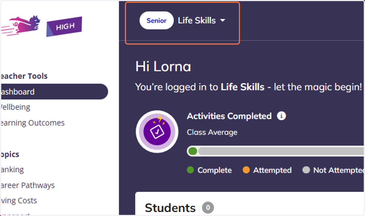In the top left, view the class you are in, and toggle to other classes if you have more than one class.