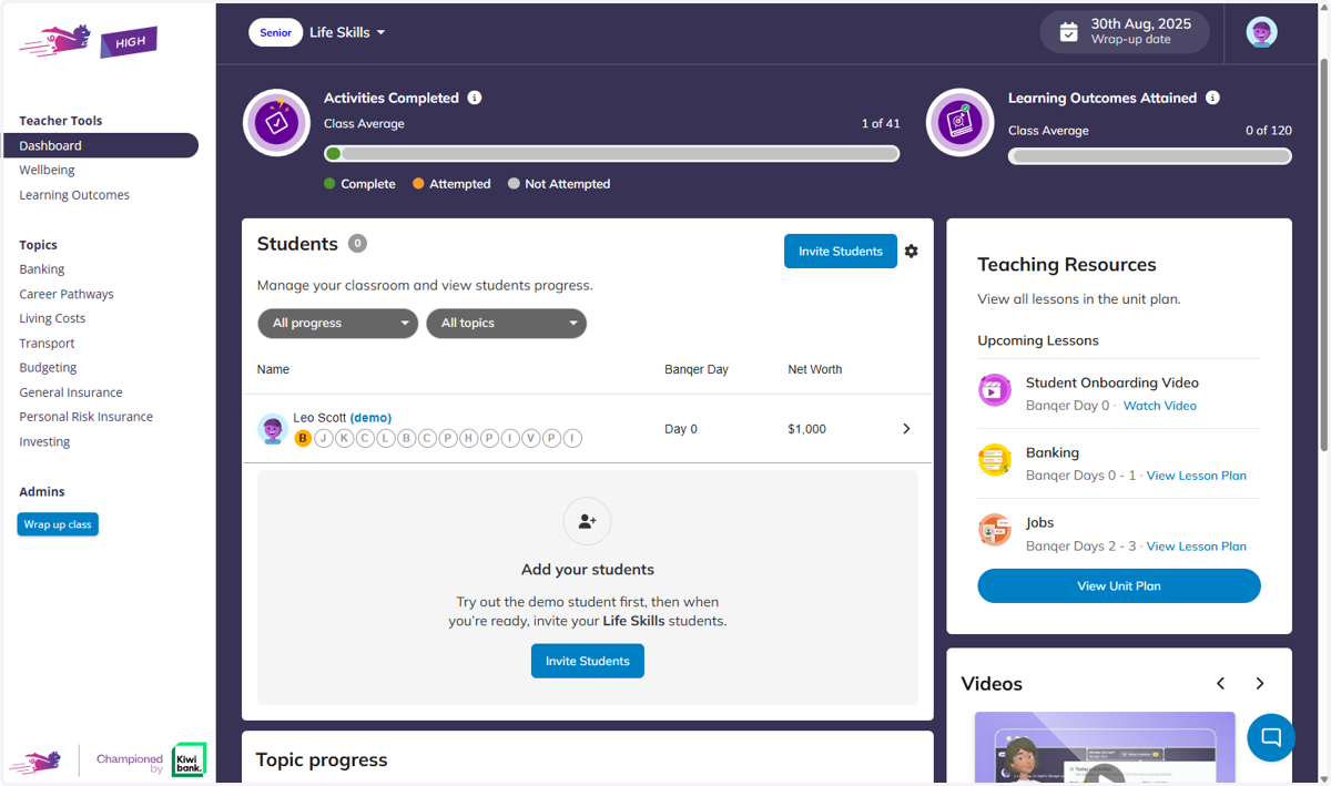 The centre of your dashboard will show your Students.