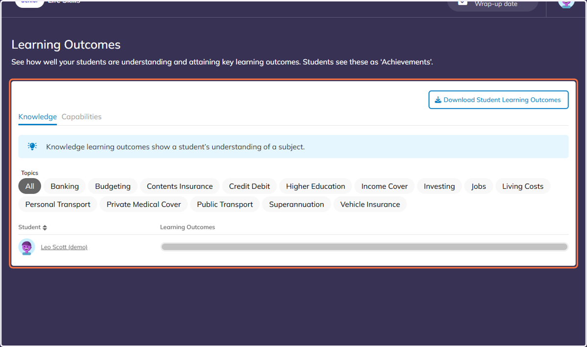 In here, you can view the progress for all of your students through the Learning Outcomes, known as Achievements to the students.