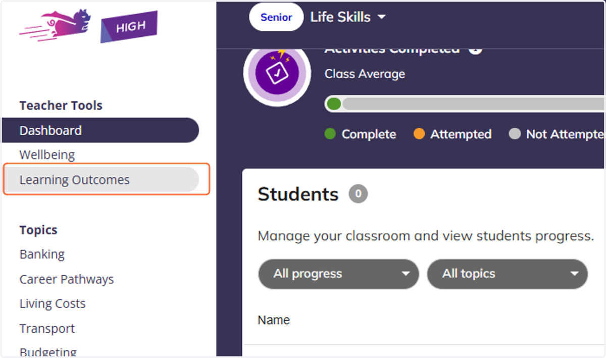 From your Teacher Tools menu, you can access the Learning Outcomes area.