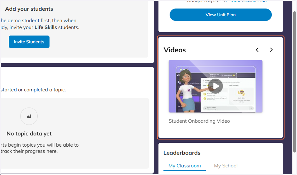 Under your Teaching Resources you can also view the Student Onboarding video, which your students will be shown during their own onboarding.