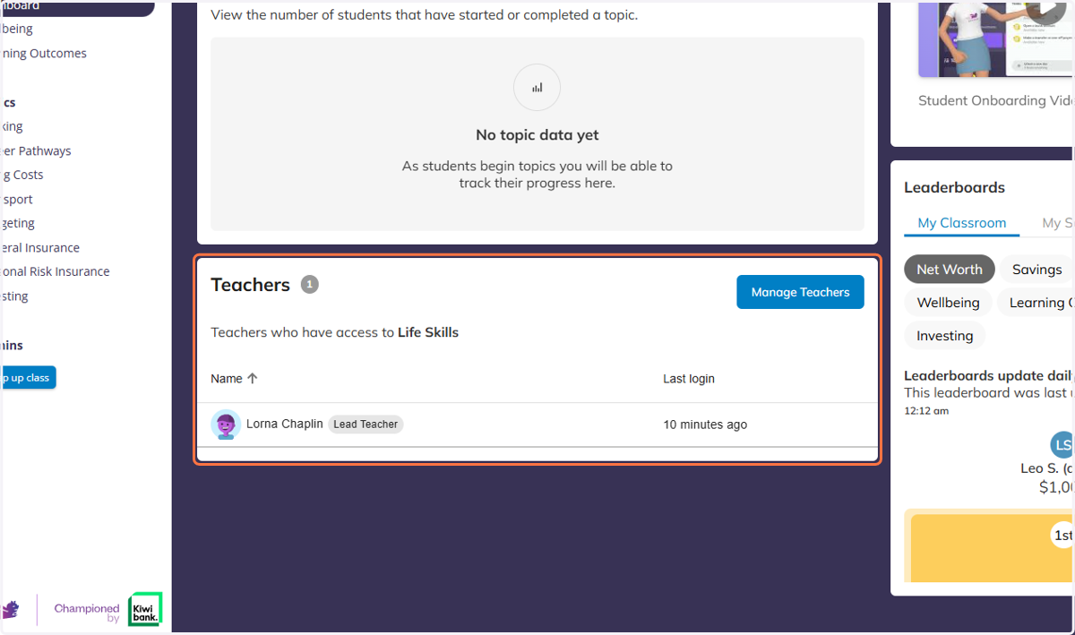 At the bottom of your dashboard you can view the teachers who have access to your class, and invite others to your class if you are sharing.