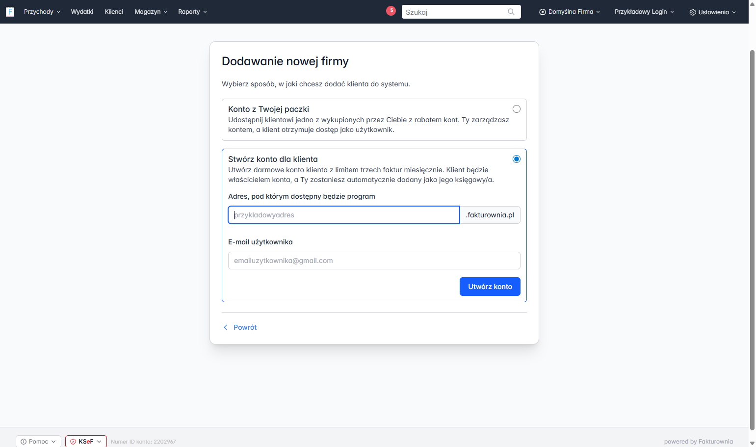 Uzupełnij adres, pod którym będzie dostępny program oraz podaj adres e-mail klienta.