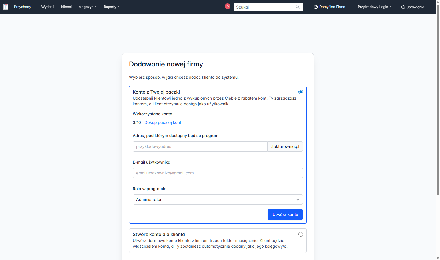 Zaznacz checkbox przy opcji 'Konto z Twojej paczki', by rozwinąć szczegóły.