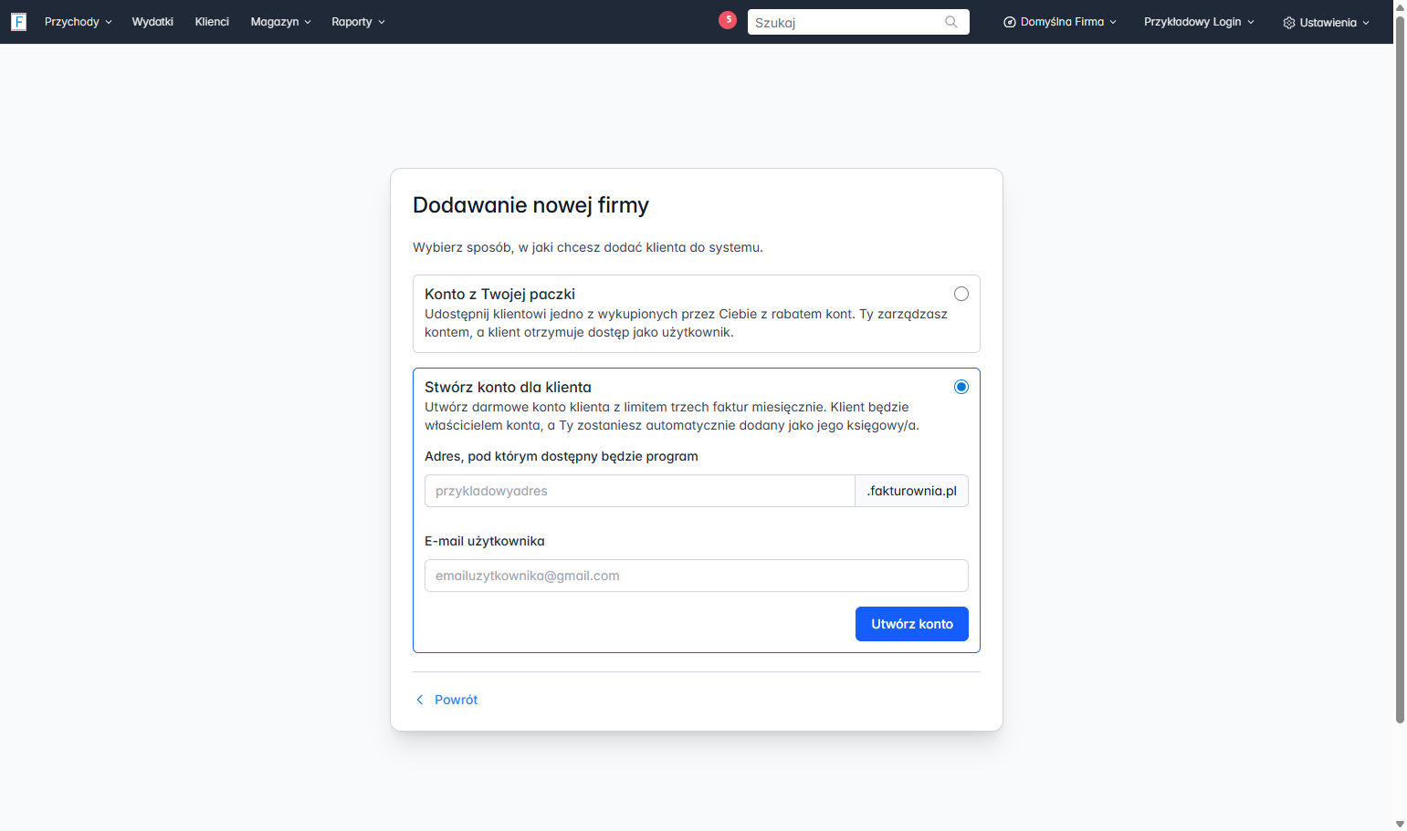 Zaznacz checkbox przy opcji 'Stwórz konto dla klienta', by rozwinąć szczegóły.