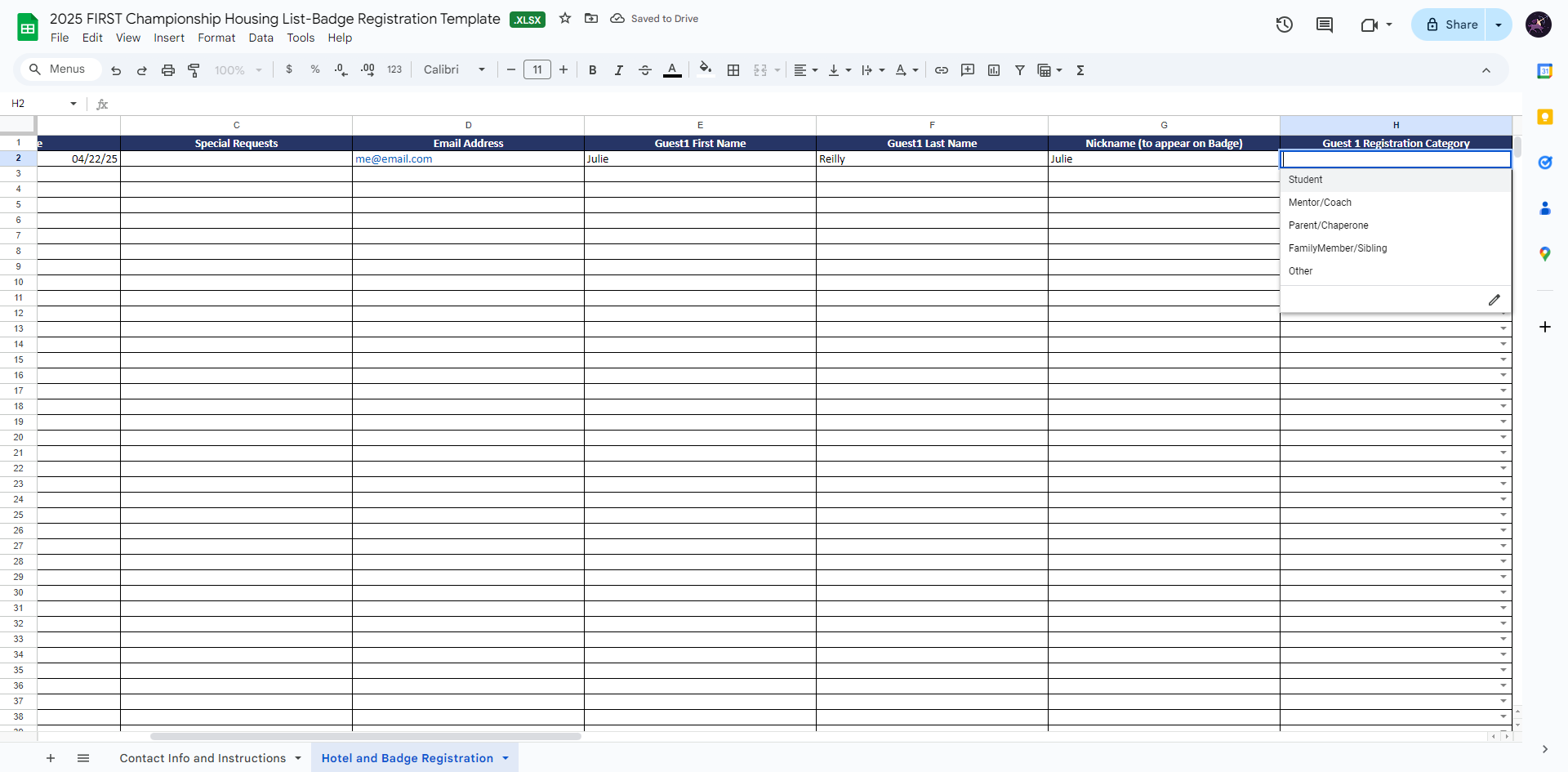 Example of filled in row for room with one occupant.