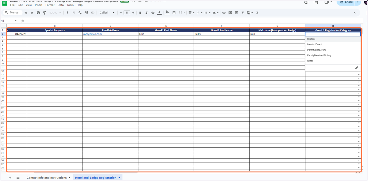 Example of filled in row for room with one occupant.