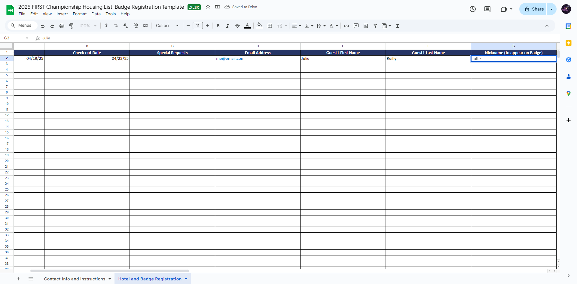 Begin with entering check-in and check-out date. Then tab through the row to enter the guest information according to the column headers.
