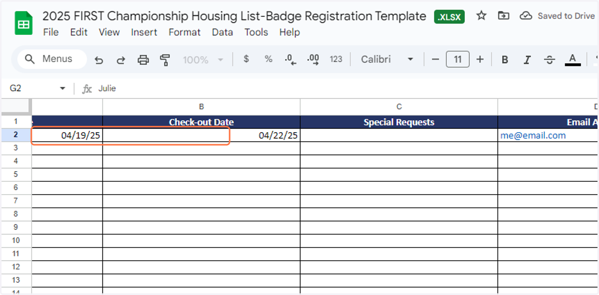 Begin with entering check-in and check-out date. Then tab through the row to enter the guest information according to the column headers.