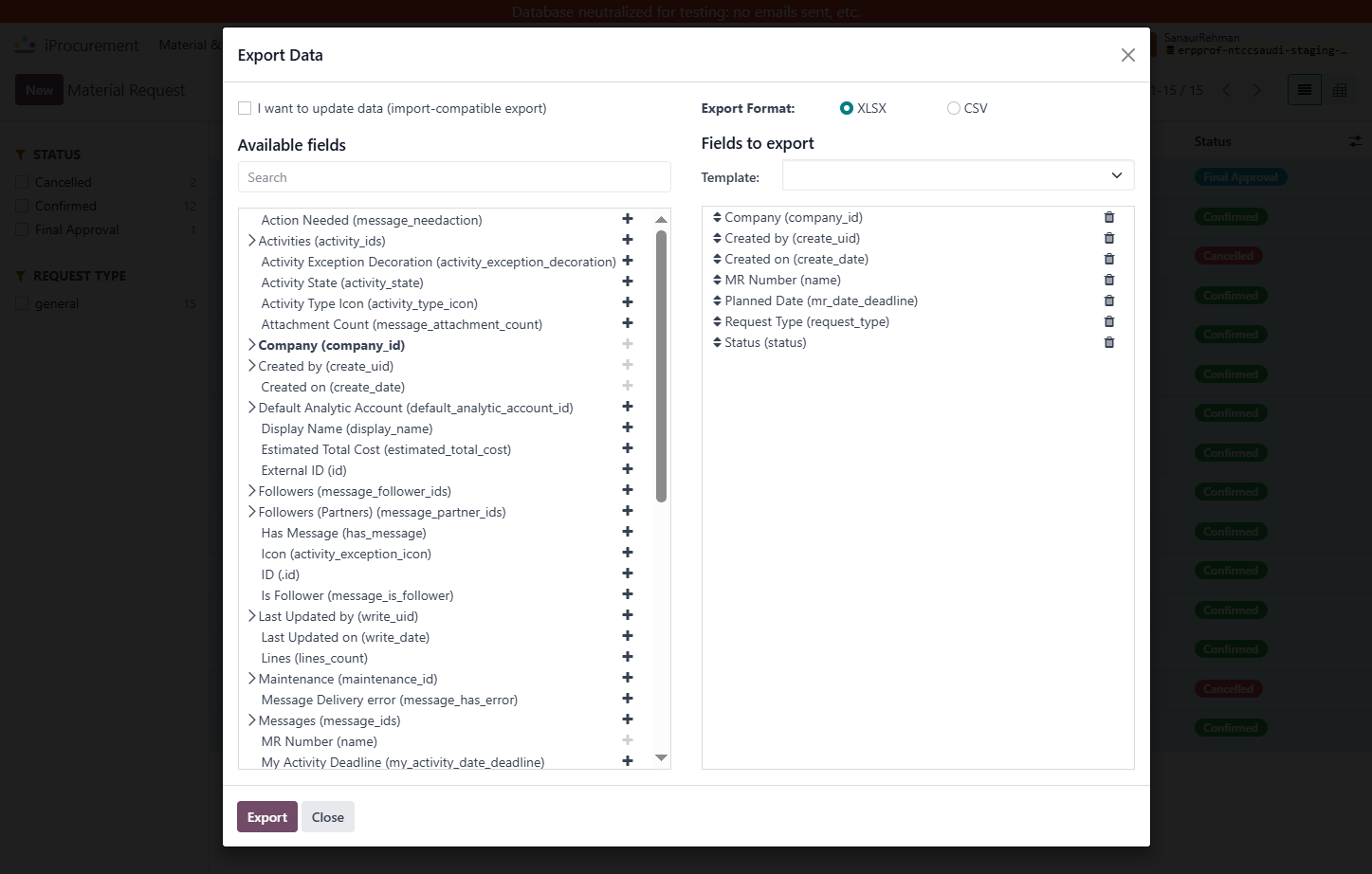 Click on Export Data… and selct the fields to export