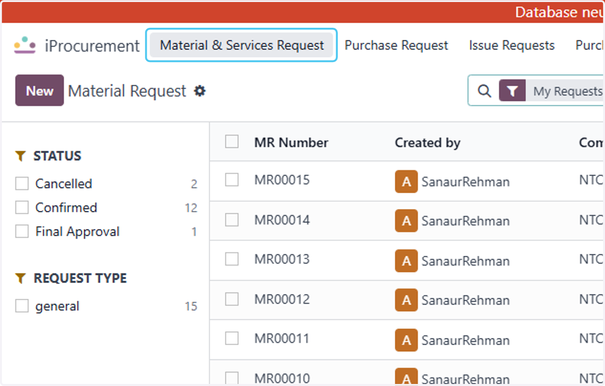 Click on Material & Services Request