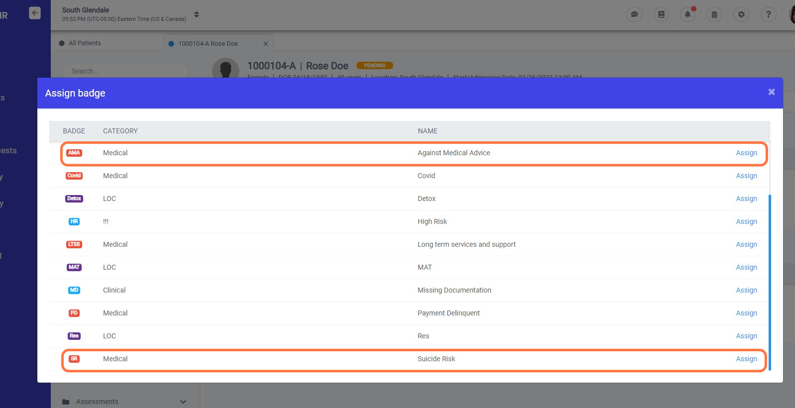 Select the badges you want to assign to the patient and click "Assign"
You can select and assign multiple badges to a patient.