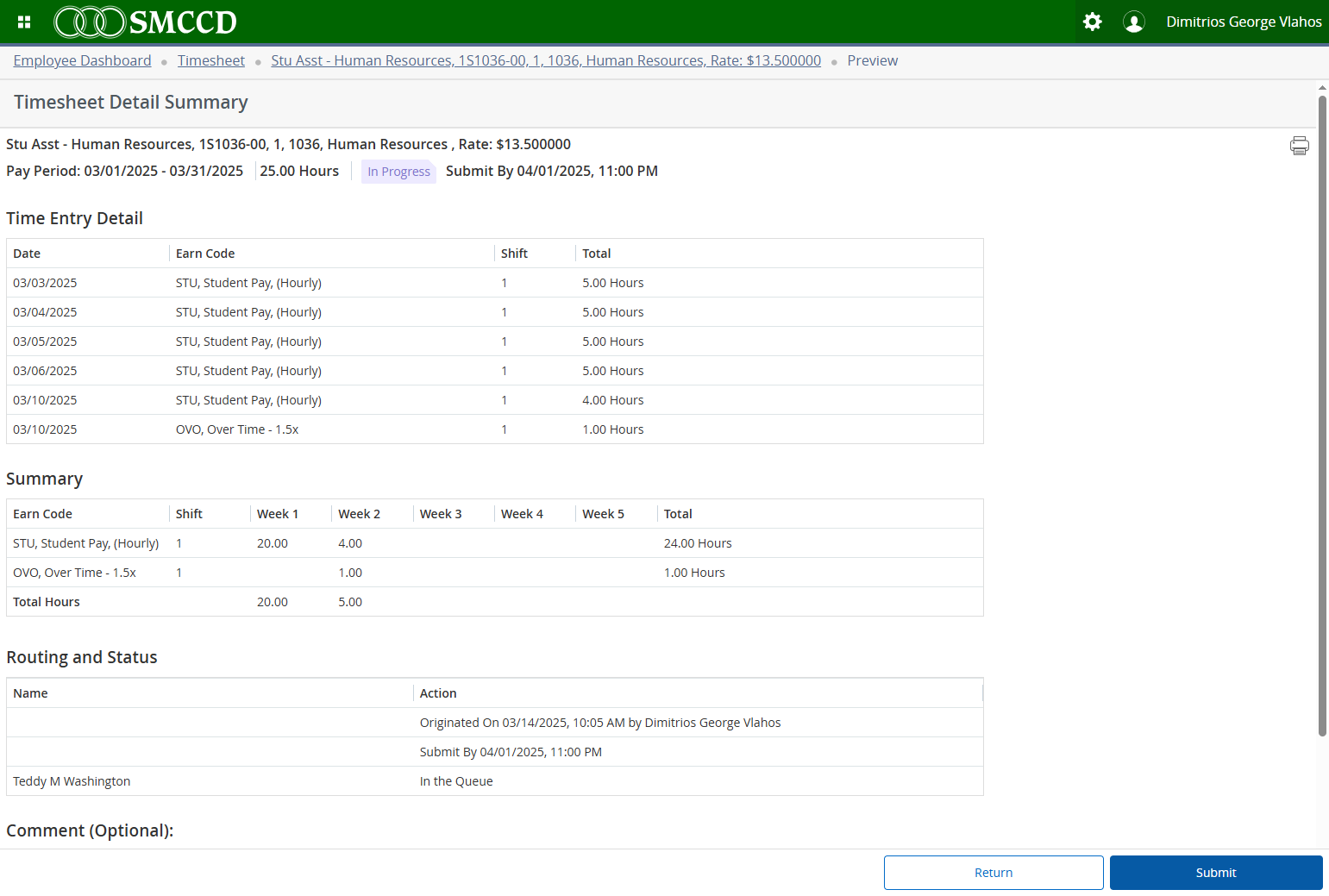 Once your timesheet is complete, save all entries and click "Submit" to send it to your supervisor.