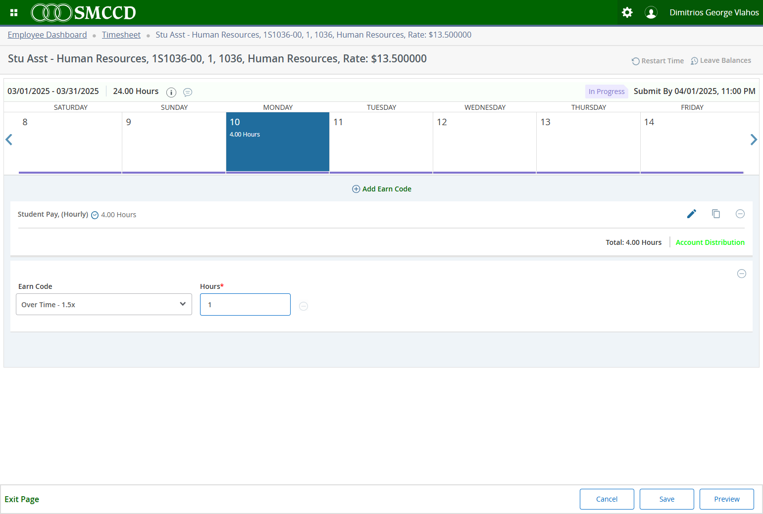 Type "1" to add one hour of overtime in this example.