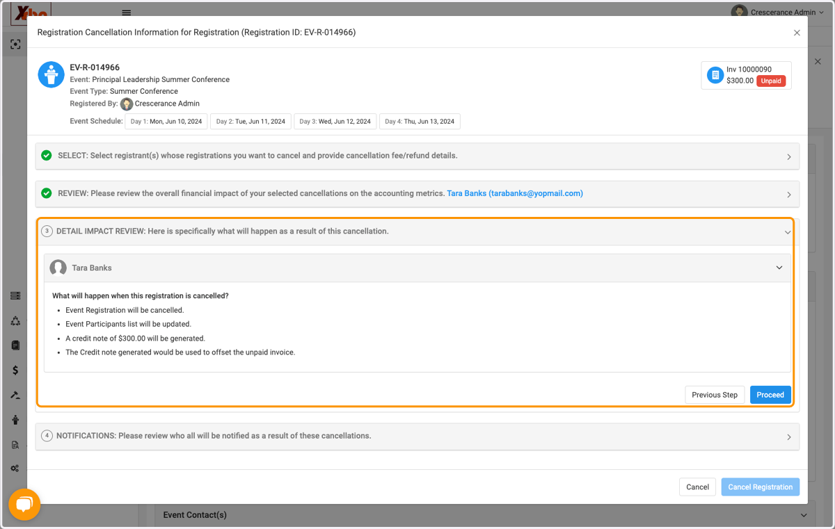 Review cancellation impact and click on Proceed