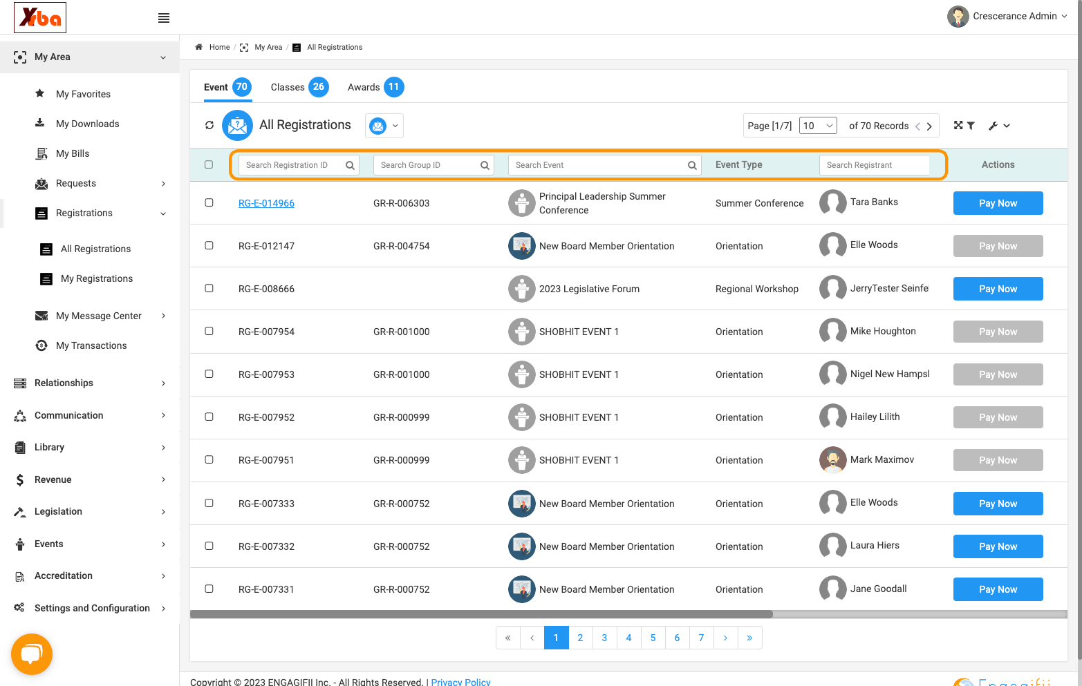 Can search by registration or group id, event or registrant name. Click on id for intended registration.