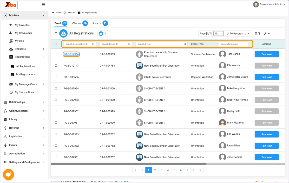 Can search by registration or group id, event or registrant name. Click on id for intended registration.
