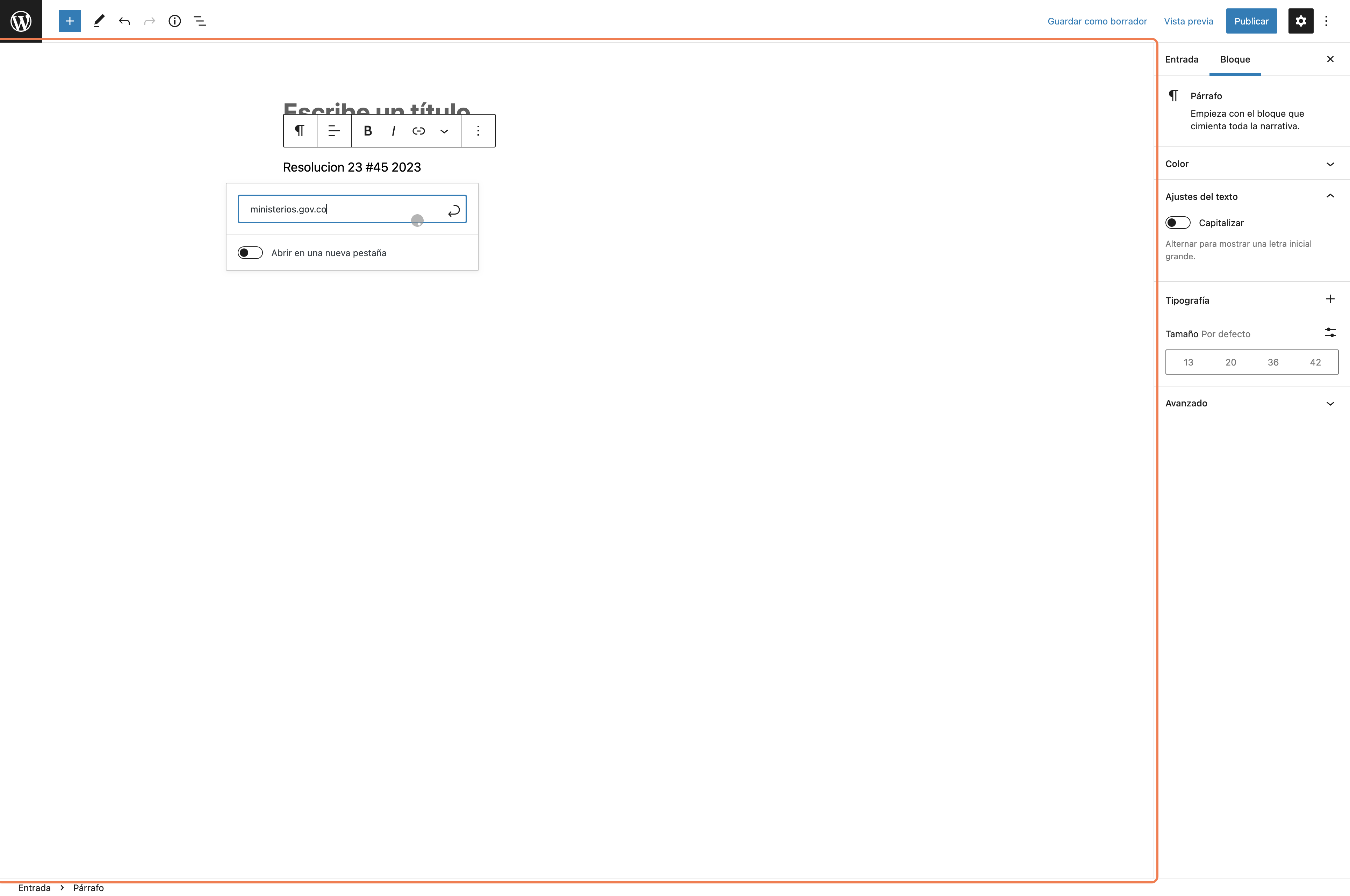 Añadimos la url donde ira el texto señalado