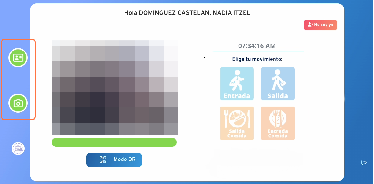 Una vez que el sistema haya reconocido tu rostro, se tomará de forma inmediata la fotografía. En la pantalla, se mostrará tu nombre en la parte superior y cambiarán de estado los primeros dos íconos de la izquierda, indicando que los pasos correspond
