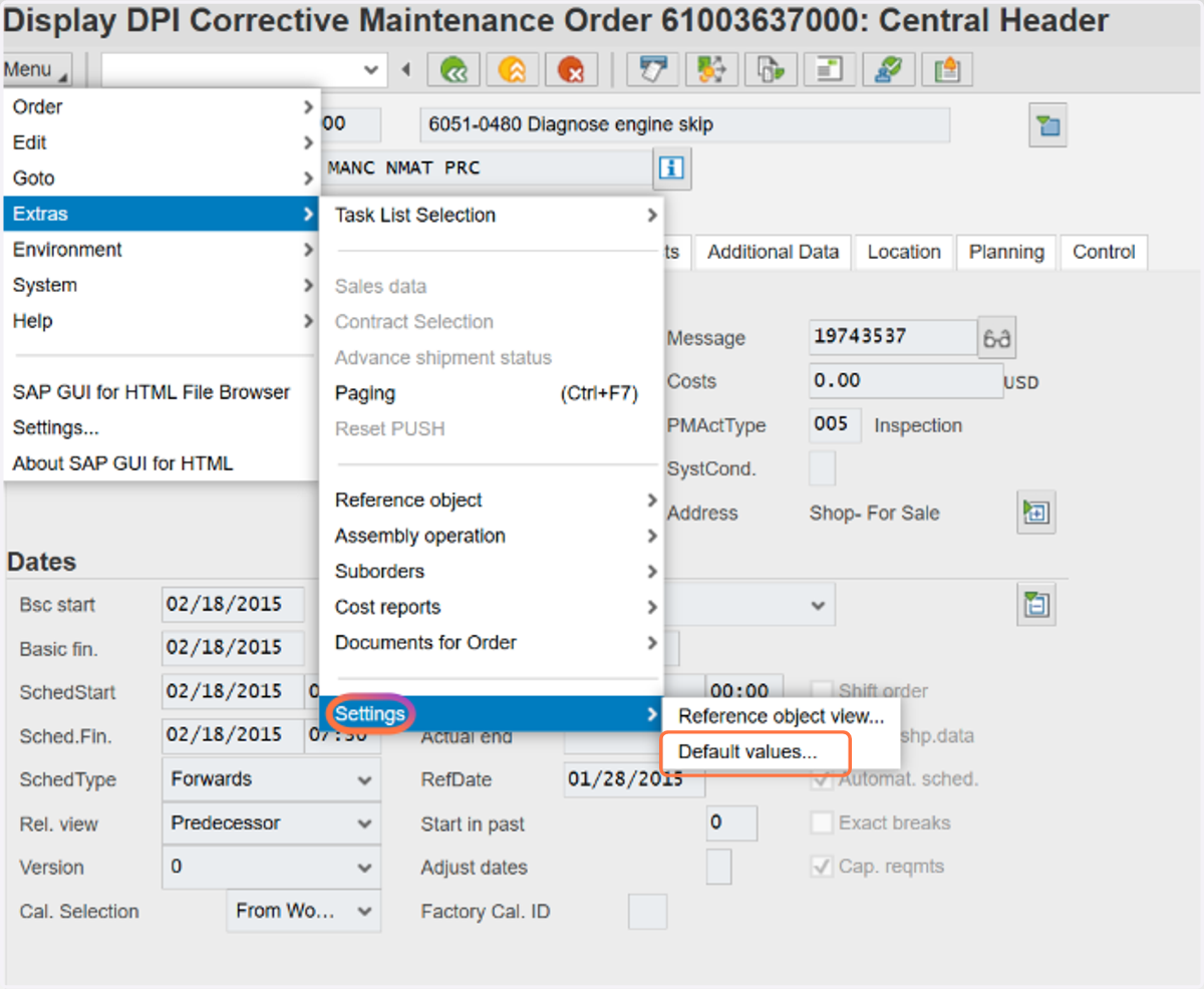Click on Default values...
