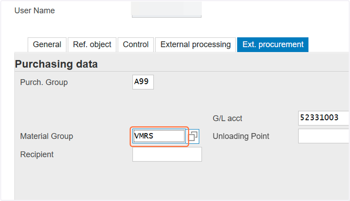 Input "VMRS" in Material Group Field