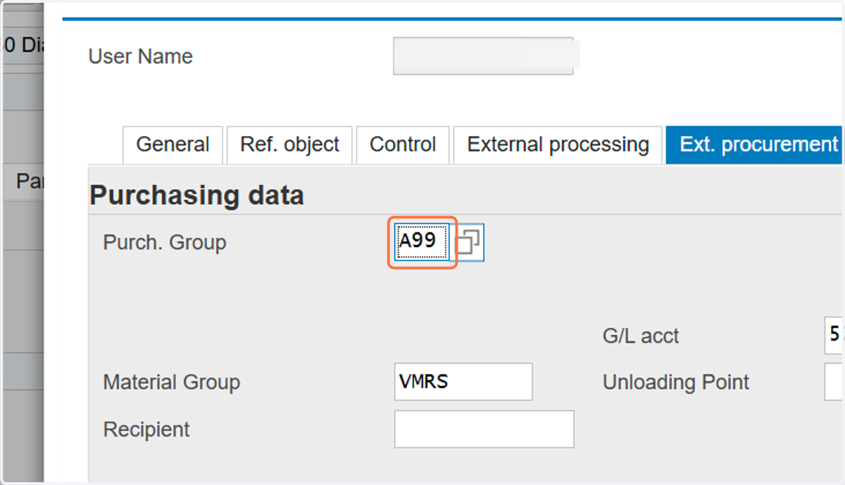Input "A99" in Purchasing Group