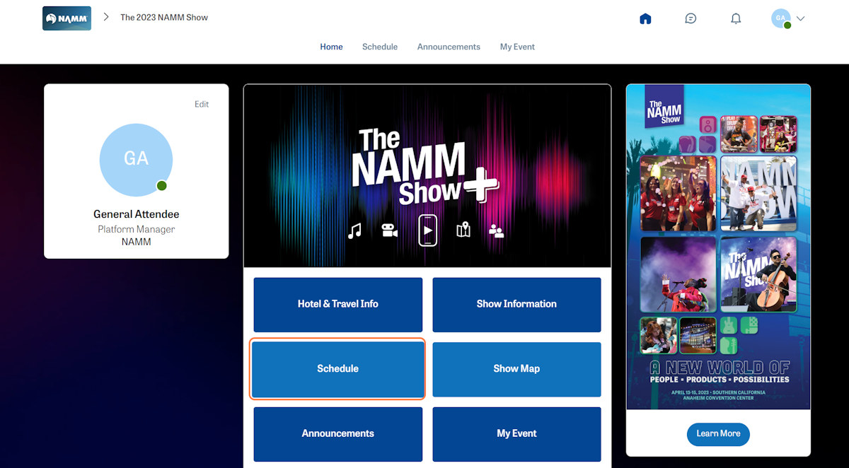 Click on 'Schedule' to view NAMM Events and Sessions*
