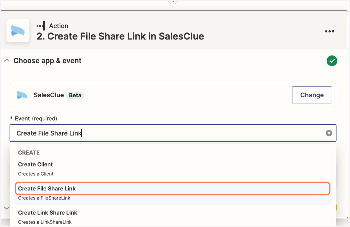 2단계 Action에 SalesClue를 선택하고, Event를 "Create File Share Link"로 선택합니다.