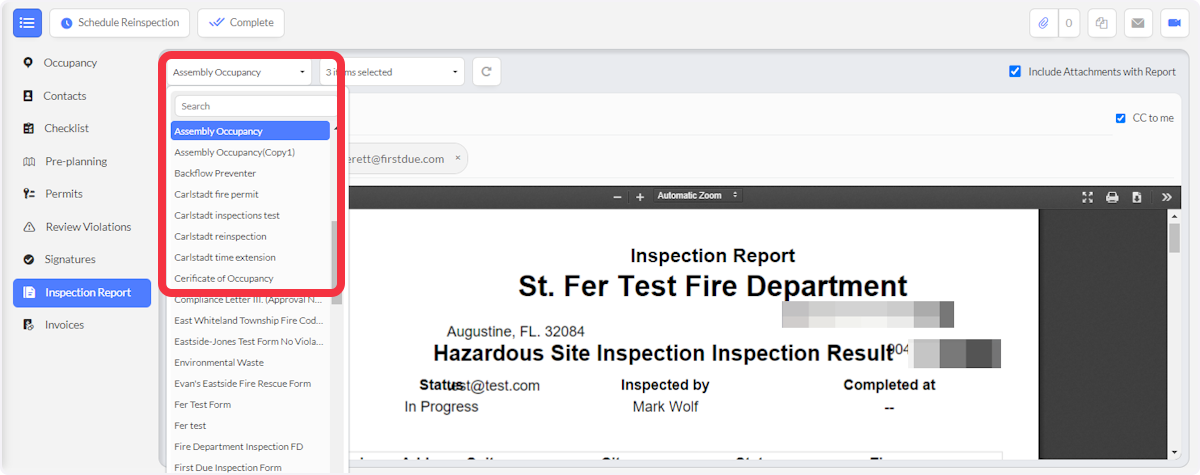 Click on the Inspection Form to change the form.  This is a set-up option and you may not be able to perform this function.