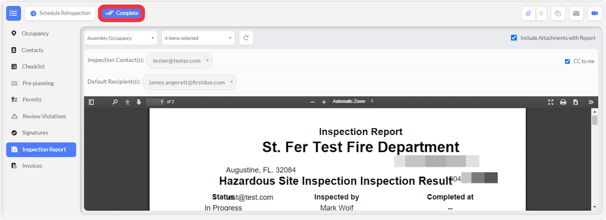 The Inspection has to be in Complete Status to send via email.  The user may have to schedule a reinspection to set the status to Complete.