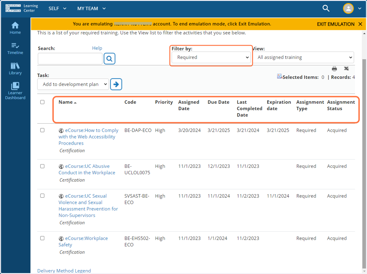 Use the Filter By option to show only those courses that are Required.