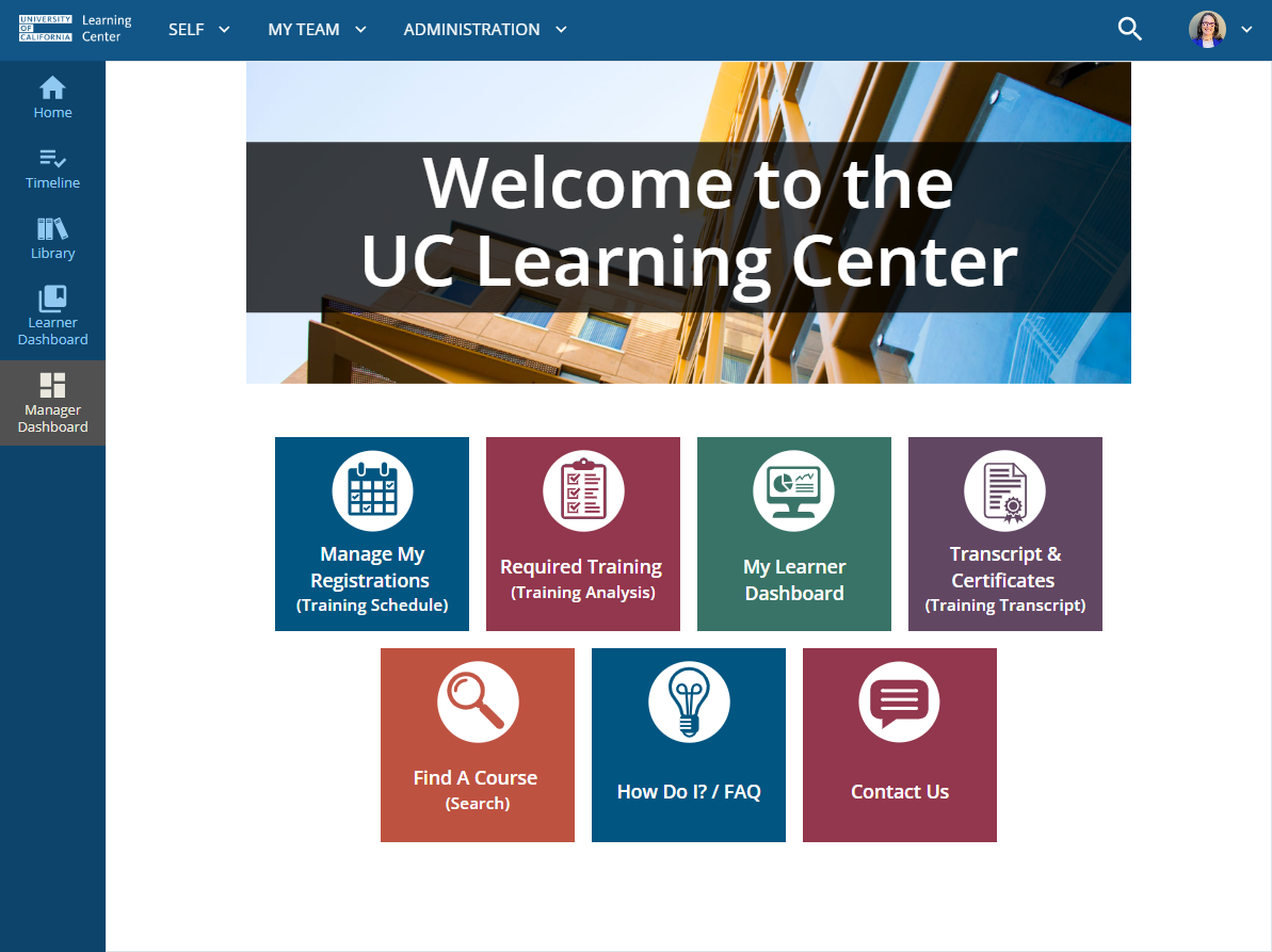 From the UC Learning Center Home page, click on Manager Dashboard