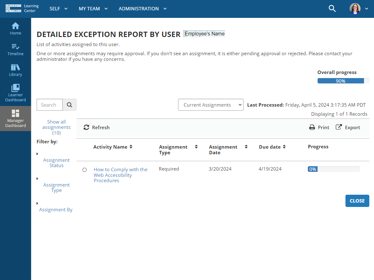 Direct Reports outstanding required training list