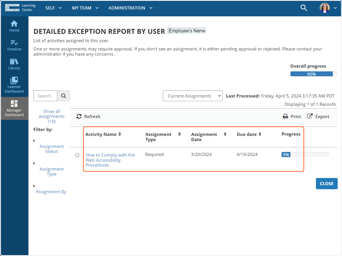 Direct Reports outstanding required training list