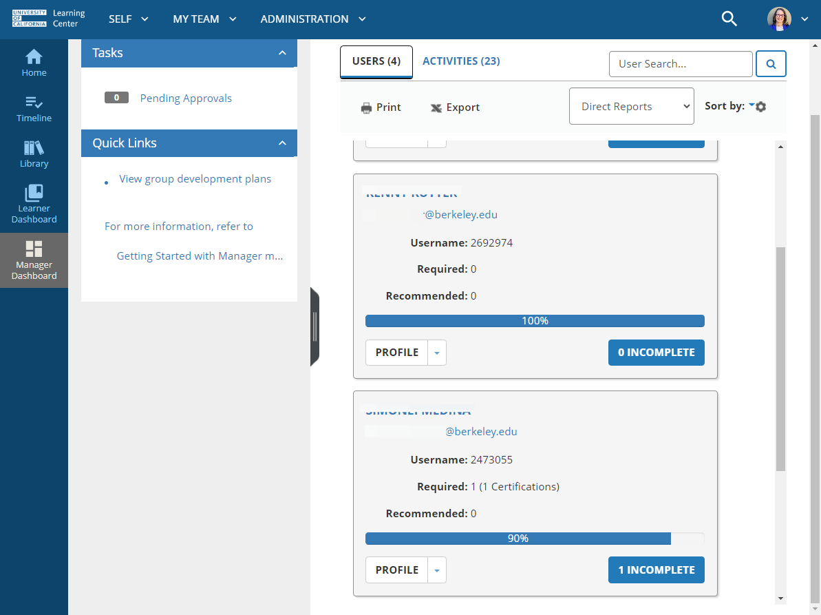 Drag the scroll bar to see all direct reports