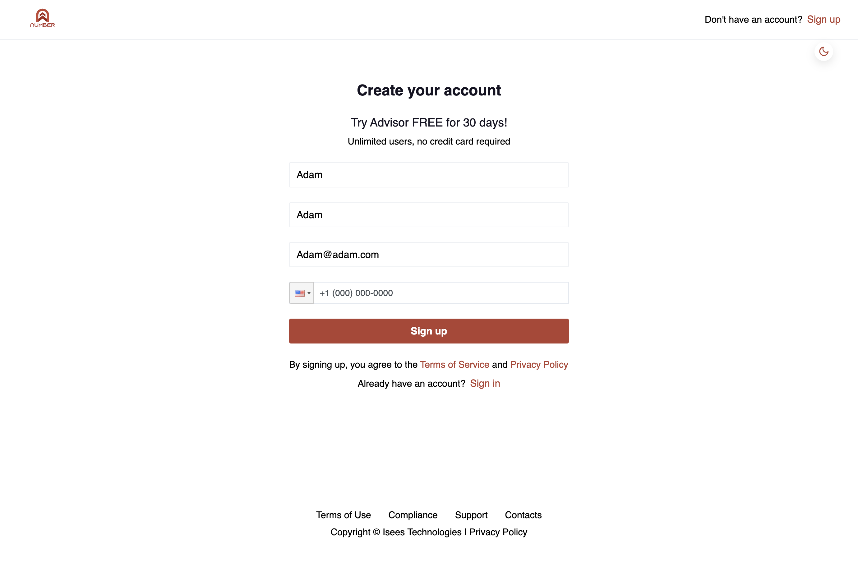 Choose the Country you are operating from and Enter your Phone Number