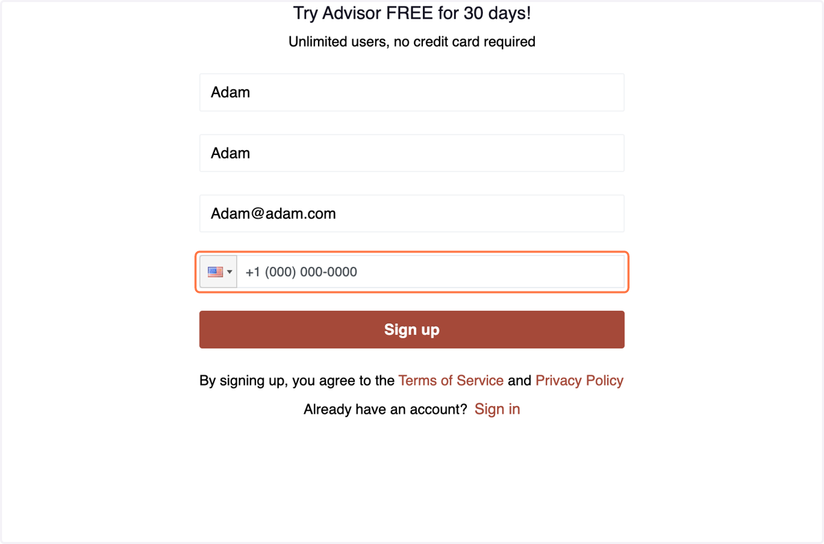 Choose the Country you are operating from and Enter your Phone Number