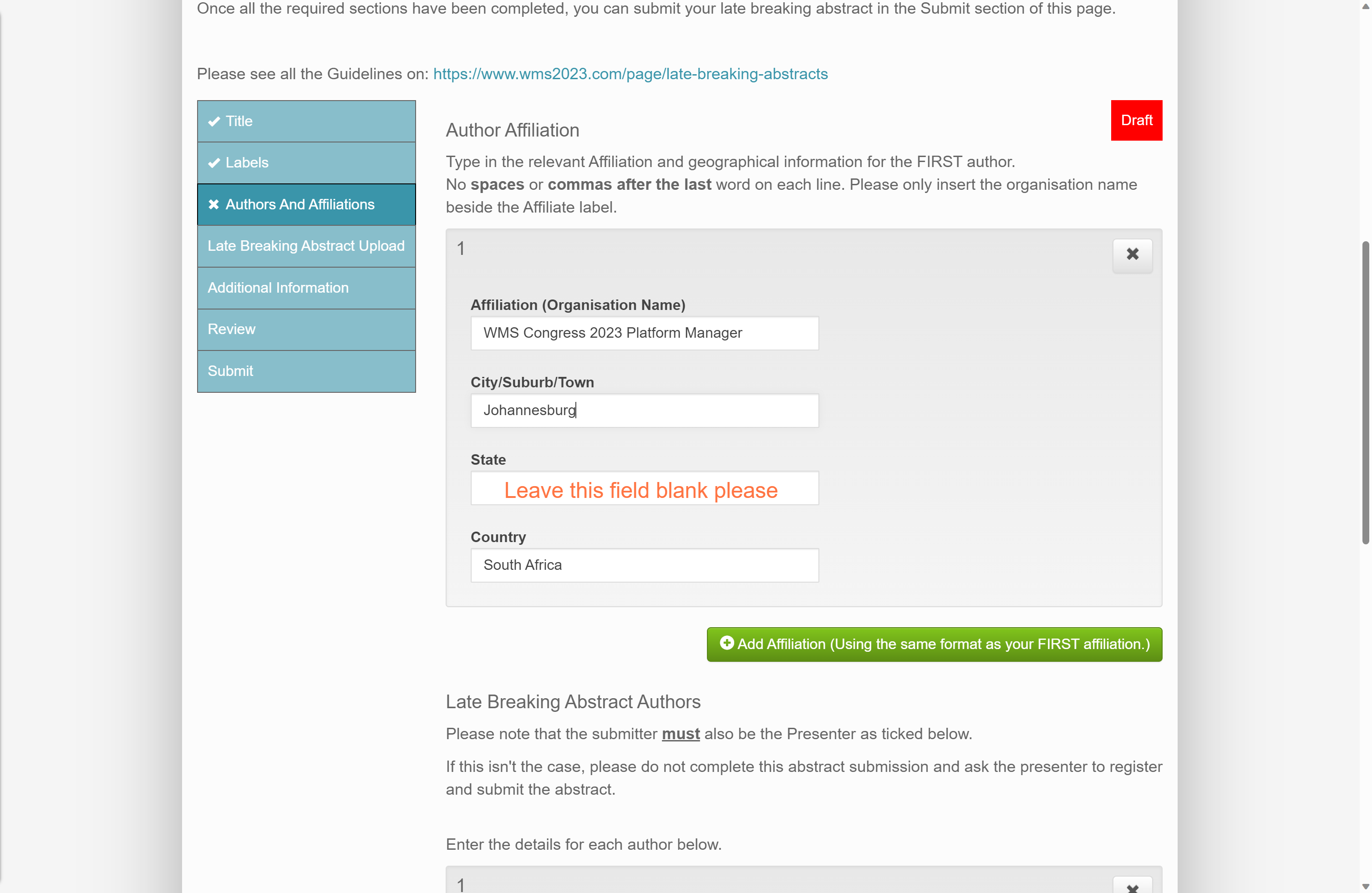 Type in the relevant Affiliation and geographical information