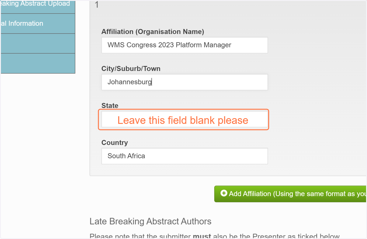 Type in the relevant Affiliation and geographical information