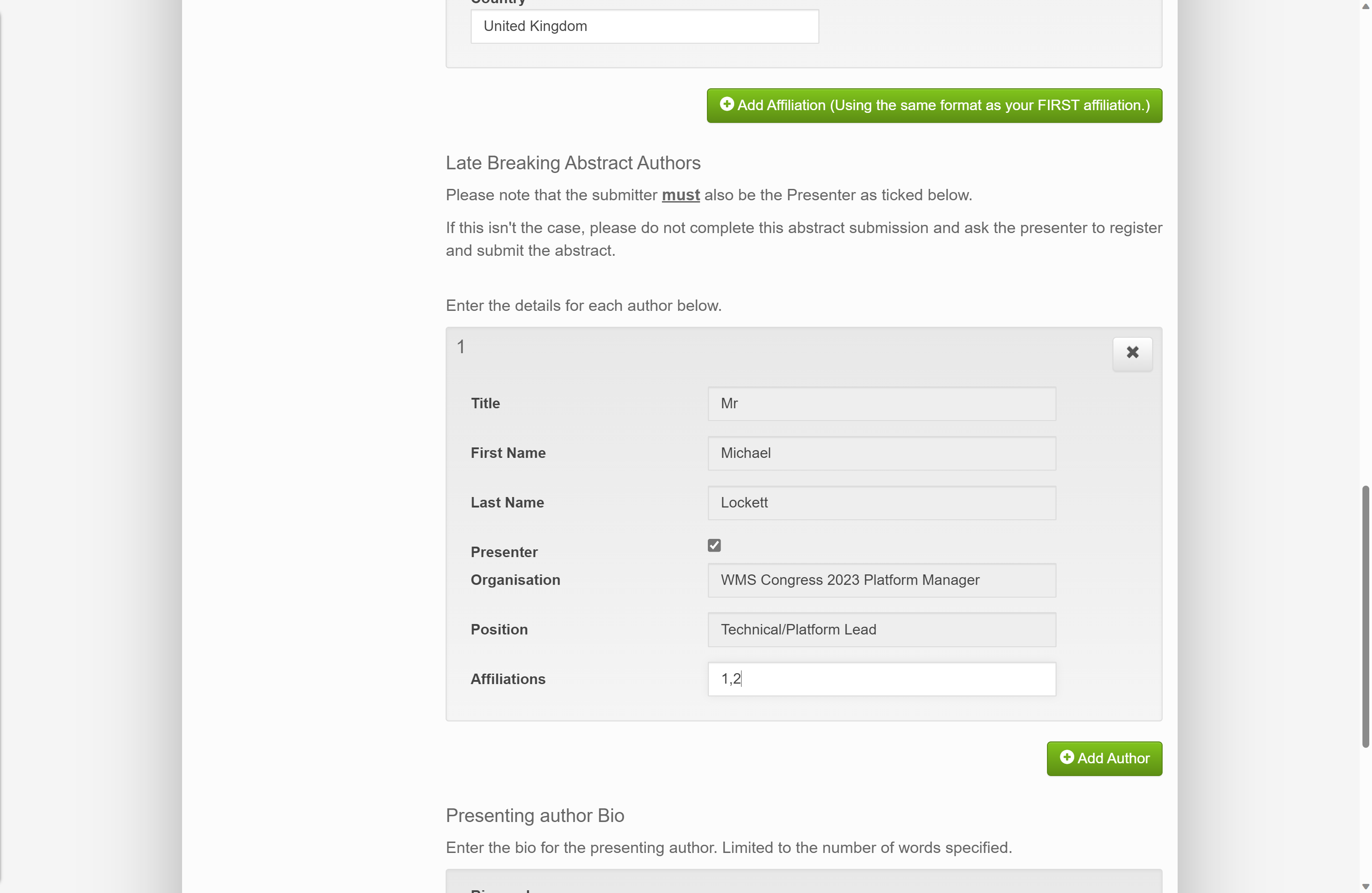 Complete the number reference for Affiliations