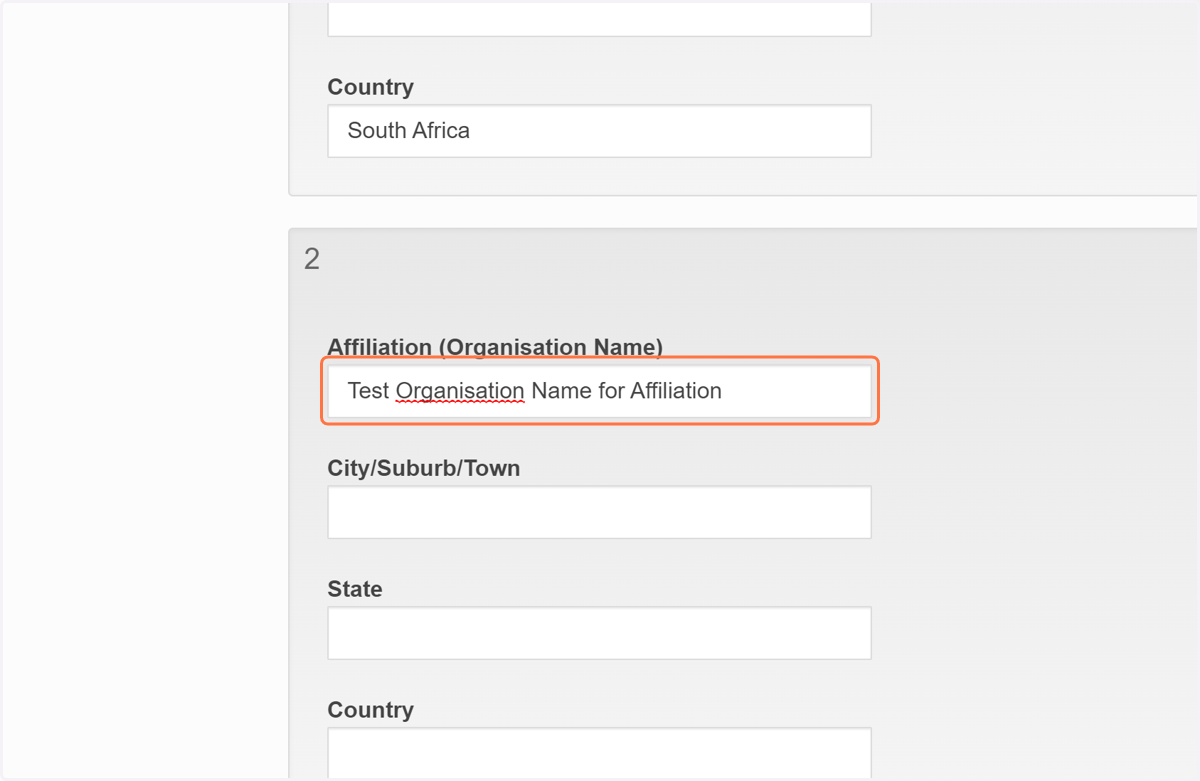 Complete the Affiliation (Organisation Name)