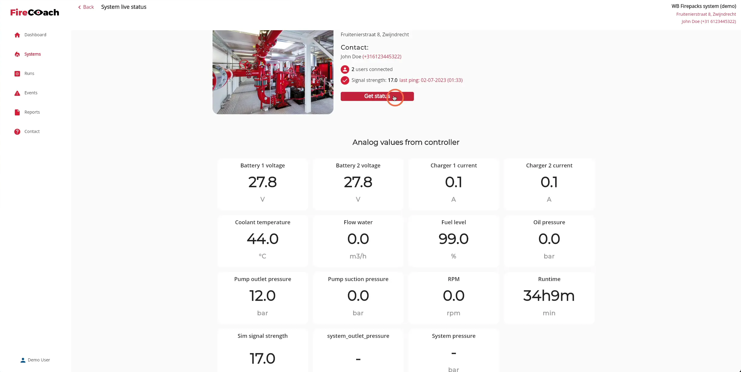 Click on 'Get status' to refresh the values