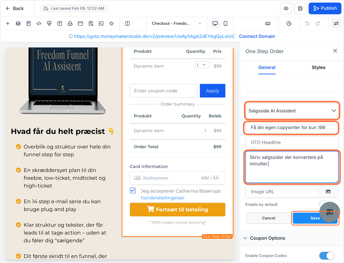 Vælg dit produkt og udfyld fx overskrift og kort beskrivelse. Du kan også indsætte et billede. Klik tilsidst på "Save"