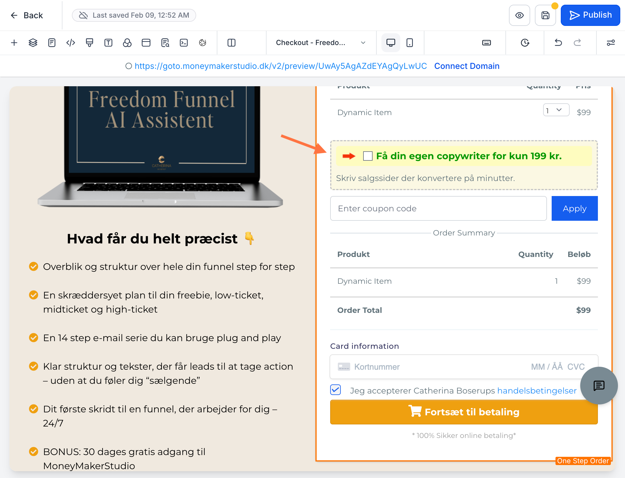 Du kan nu se feltet med dit orderbump i betalingsformularen - Klik på "Save" eller "Publish"