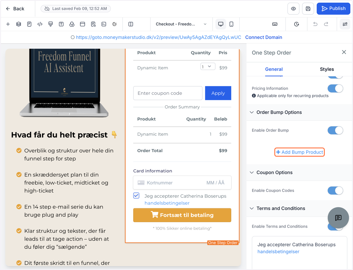 Klik på betalingsformularen og vælg "Add Bump Product" i menuen