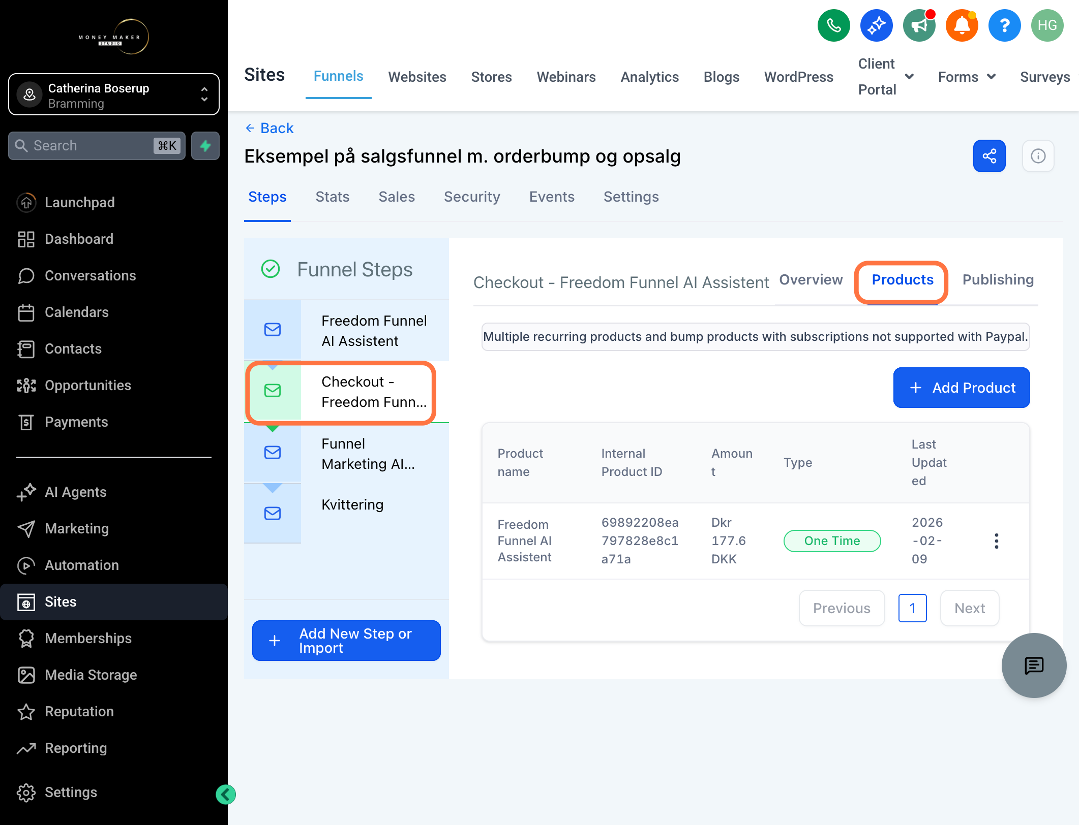Gå til dit checkout-step i din funnel, under fanen "Products" - Klik på "Add Product"