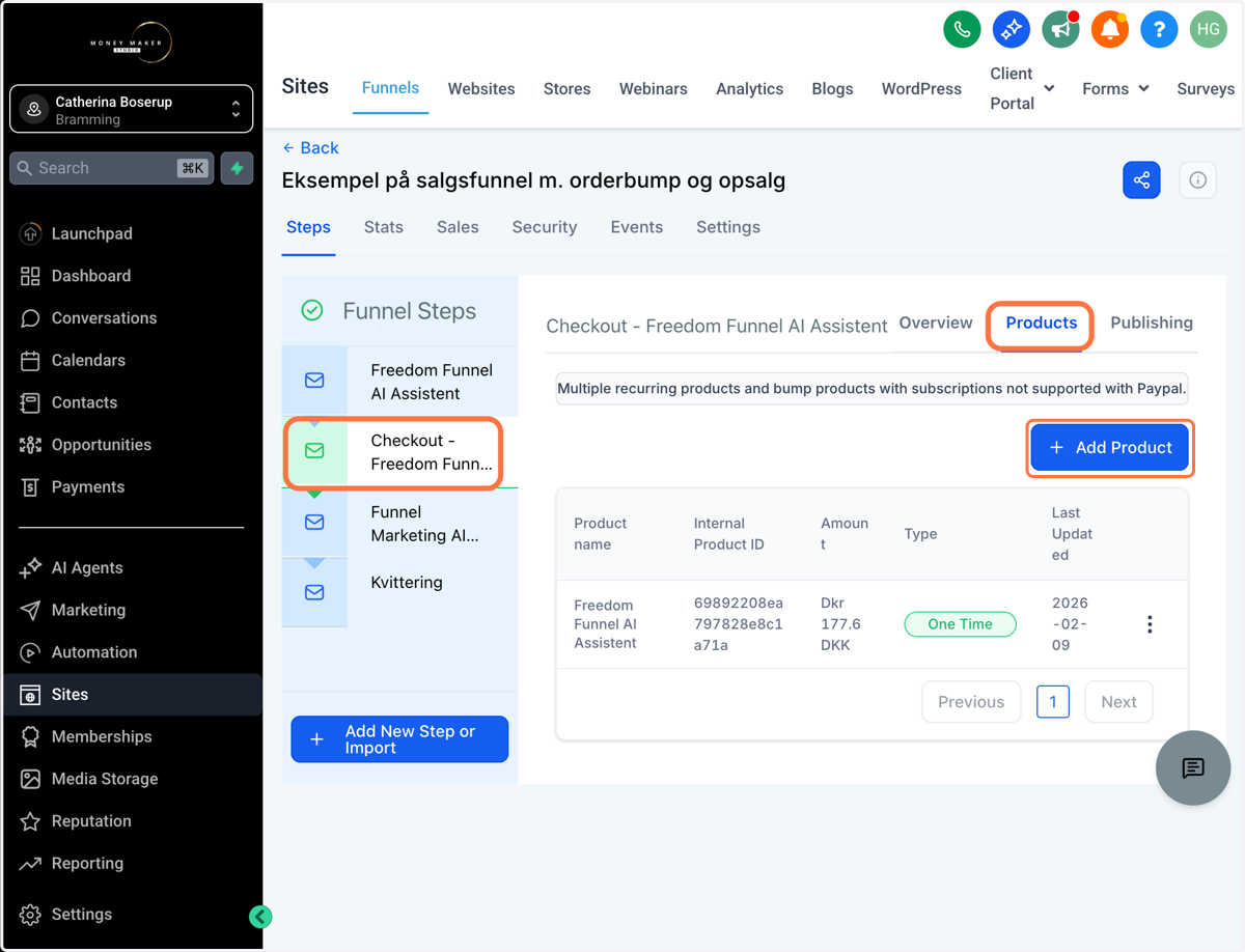Gå til dit checkout-step i din funnel, under fanen "Products" - Klik på "Add Product"