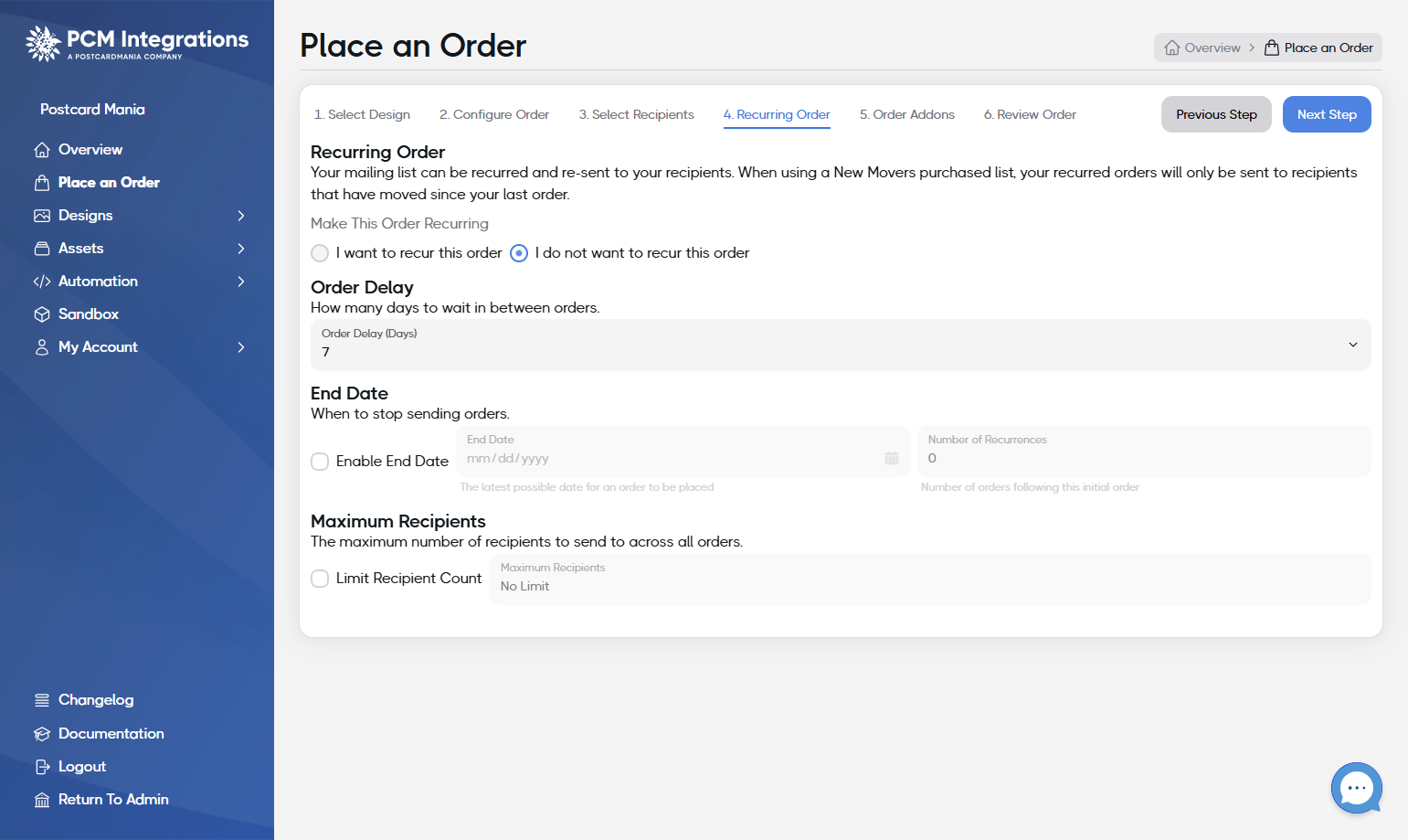 Select I want to recur this order